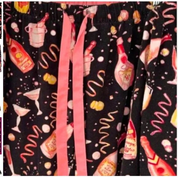 Nick & Nora Pajama Set Flannel Champagne Party New Year Black Pink Size Medium - Picture 5 of 5
